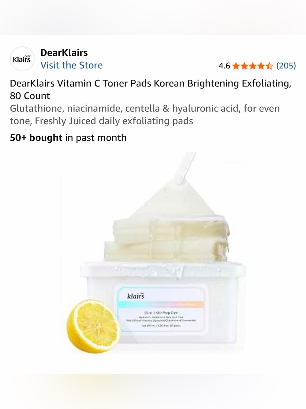 DearKlairs Vitamin C Toner Pads Brightening Exfoliating Pads (80 Count)